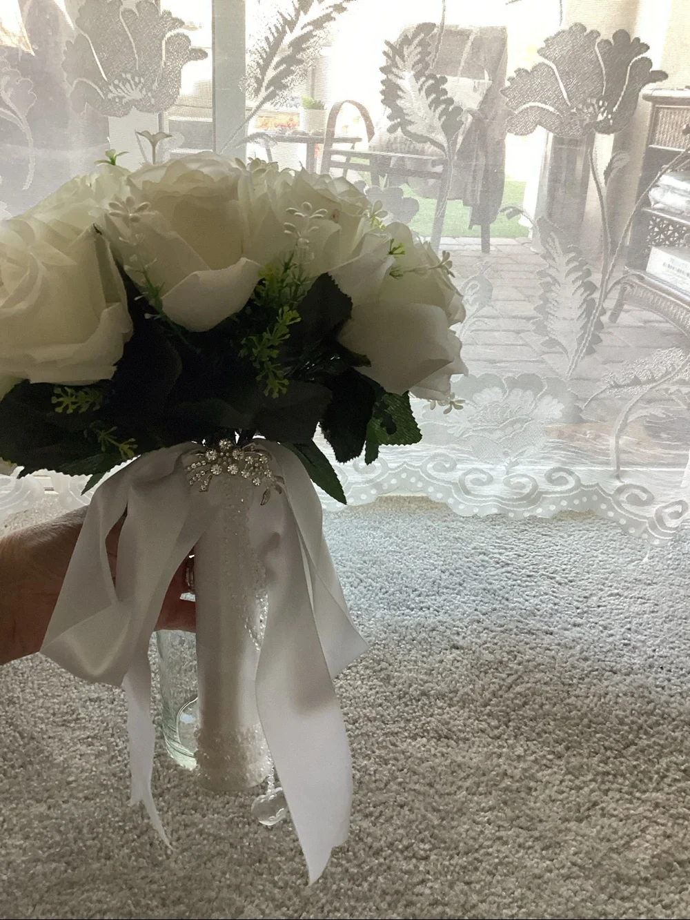 White Rose Bridal Bouquet with Satin Ribbon and hanging heart ❤️ NEW NEVER USED
